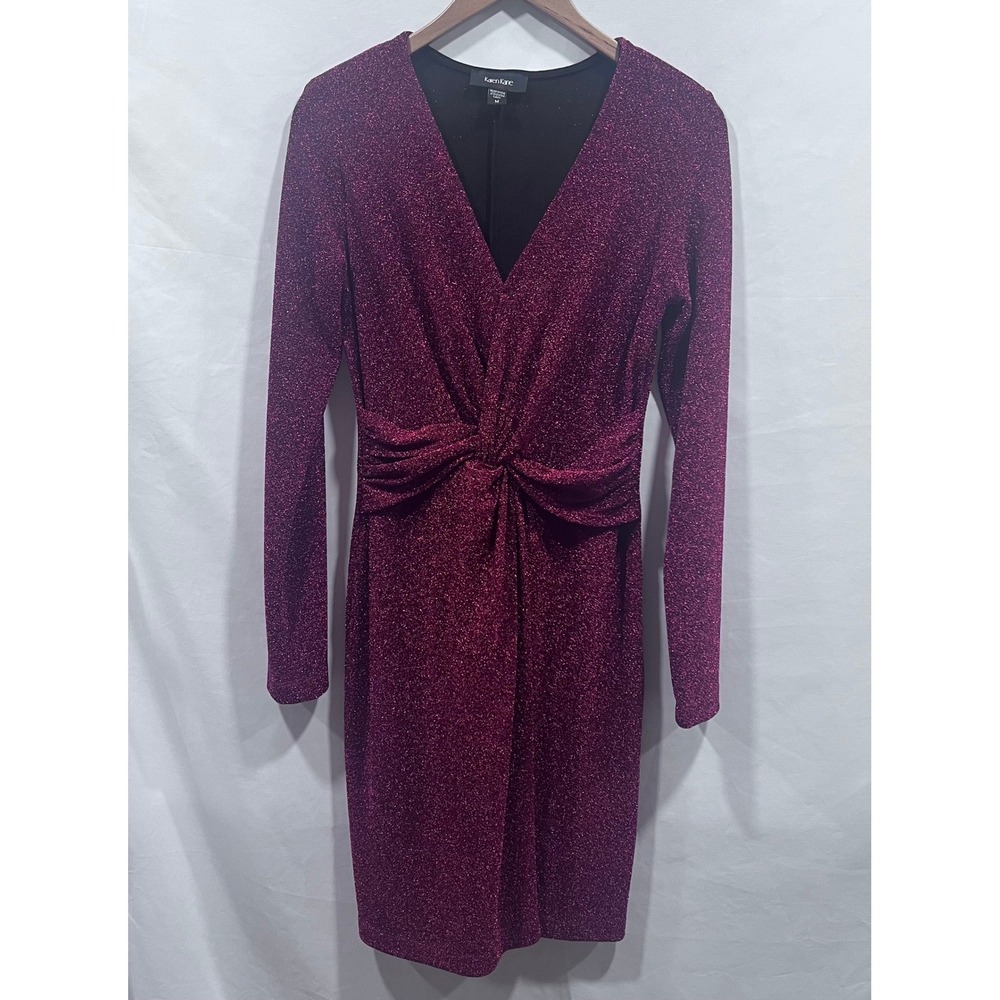 Karen Kane Metallic Twist Front V-Neck Dress Burgundy Red Long‎ Sleeve M Festive